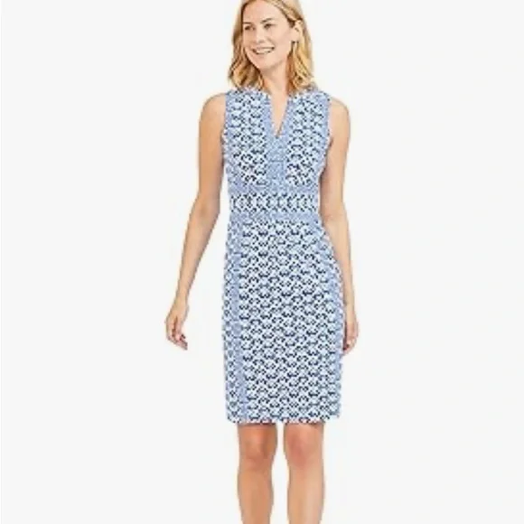 J McLaughlin Lola Dress Geo Audio Blue And White Print Catalina Cloth Medium - Picture 7 of 8